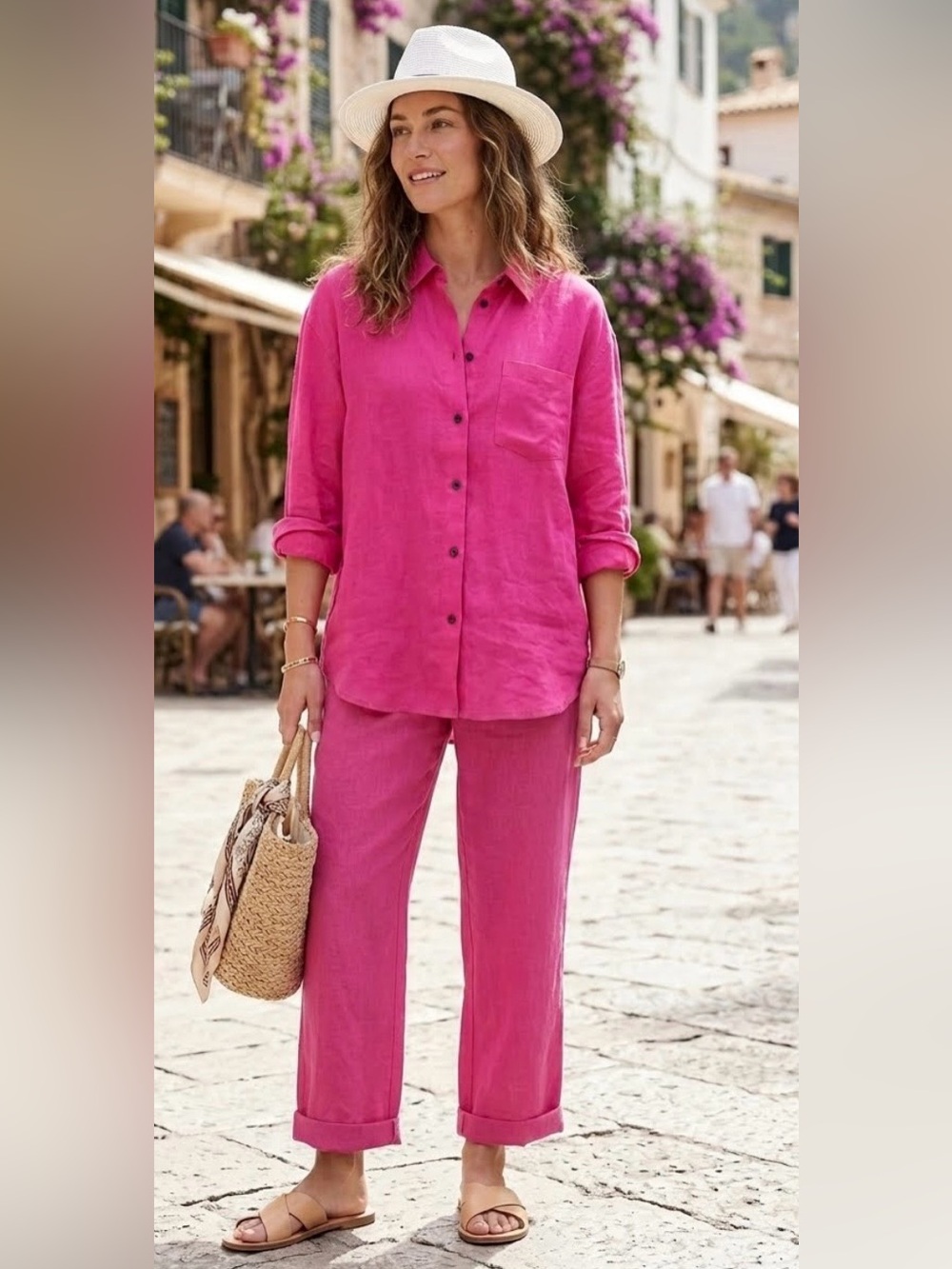 Athleta Retreat 100% Linen Raphanus Pink Button Down Top Size XL